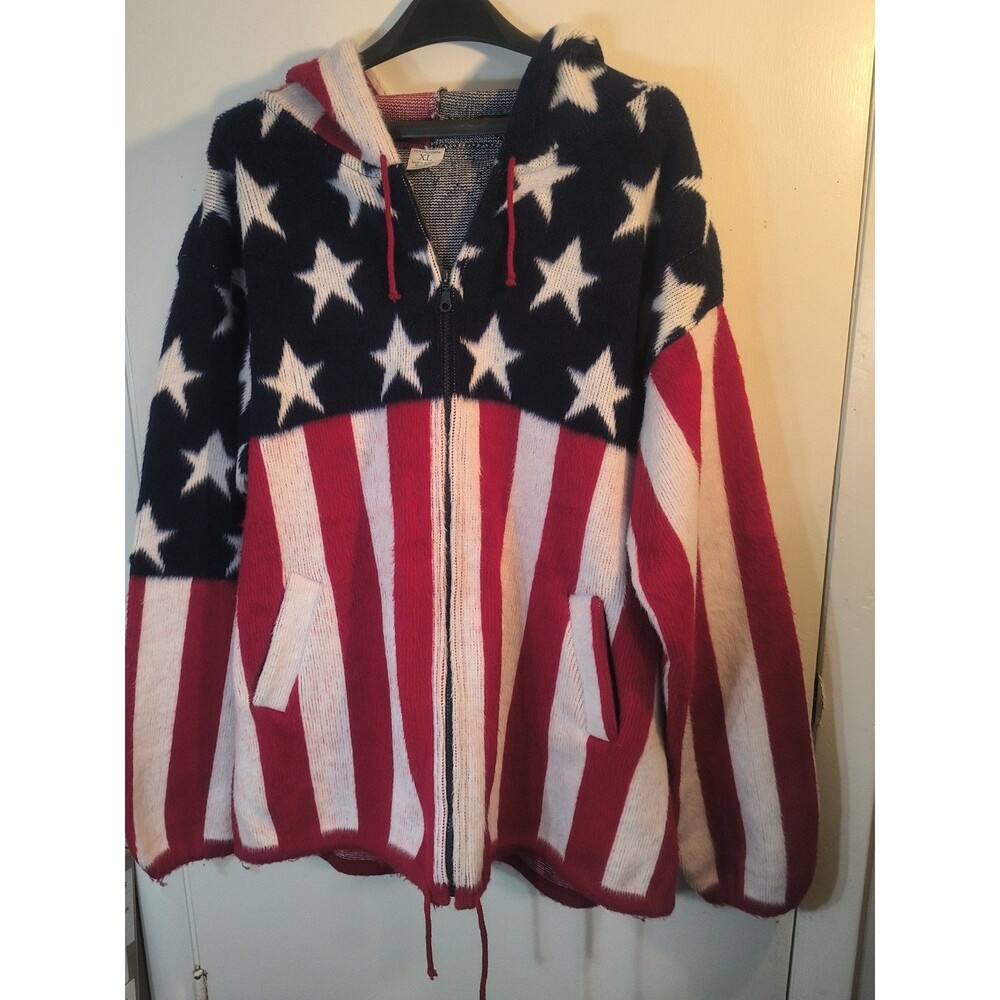 Vintage Artesanias Tuntaquimba Wool American Flag Hoodie Jacket Size XL Ecuador